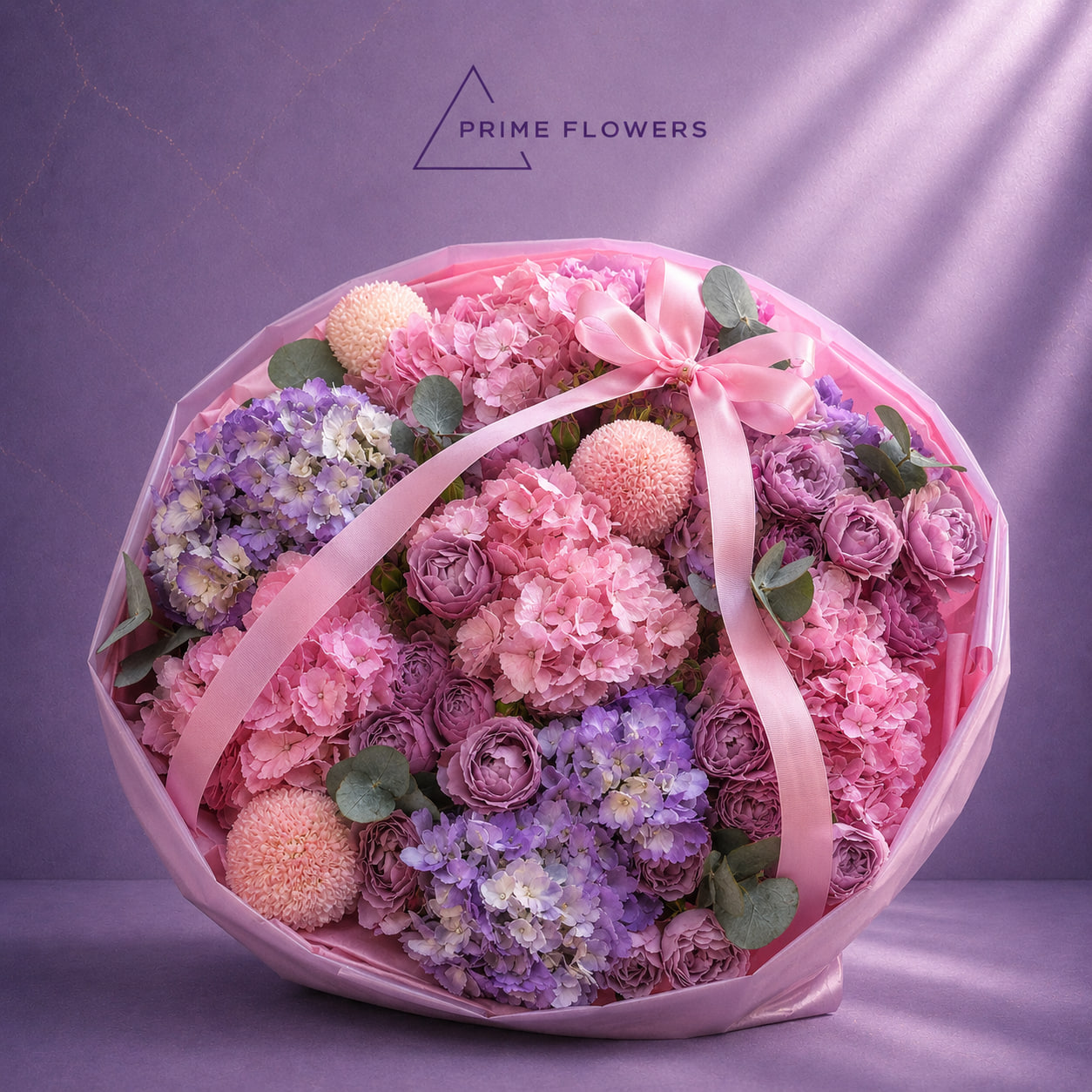 Lavender Bloom 86 букет из гортензии и сиреневых роз в Ташкенте Prime Flowers