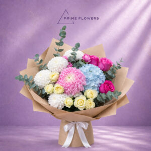 Pastel Harmony 33 букет с голубой гортензией, розами и хризантемами | Prime Flowers Ташкент