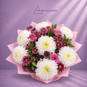 Chrysanthemum Roses 46 букет из белых хризантем, бордовых хризантем и розовых роз | Prime Flowers Ташкент