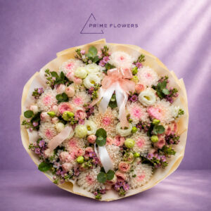 White Pink Matthiola 54 букет из белых и розовых хризантем, роз и матиолы | Prime Flowers Ташкент