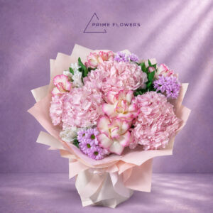 Pink Hydrangea 62 букет из розовых гортензий, французских роз, фиолетовых ромашек и белых альстромерий | Prime Flowers Ташкент