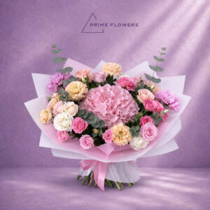Hydrangea Mix 63 букет из гортензии, жёлтых и фиолетовых хризантем и роз разных цветов | Prime Flowers Ташкент
