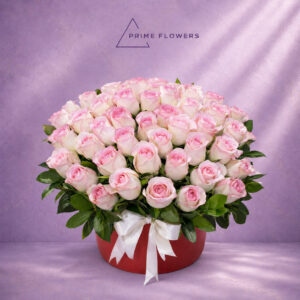 Pink Roses 65 букет из нежно-розовых роз в красной коробке с белой лентой | Prime Flowers Ташкент